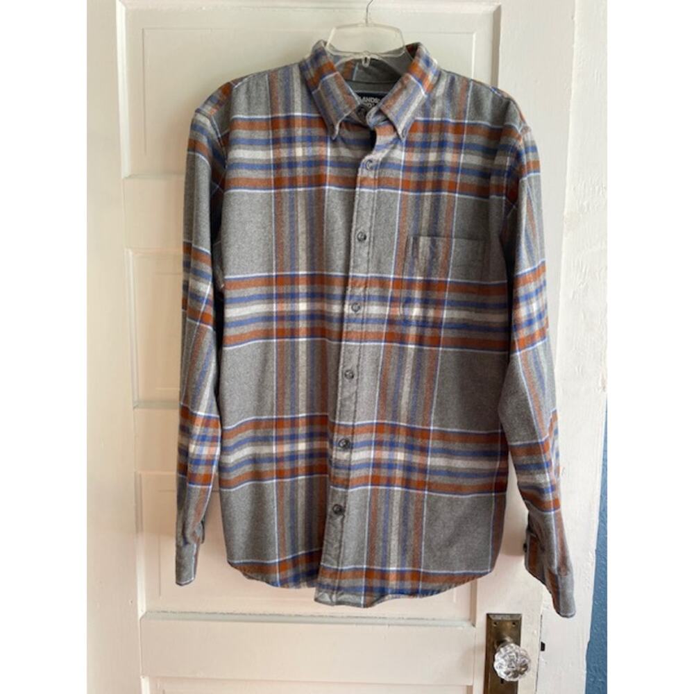 Lands' End Size Large‎ Men's 100% Cotton Gray Plaid Flannel Shirt Long Sleeve